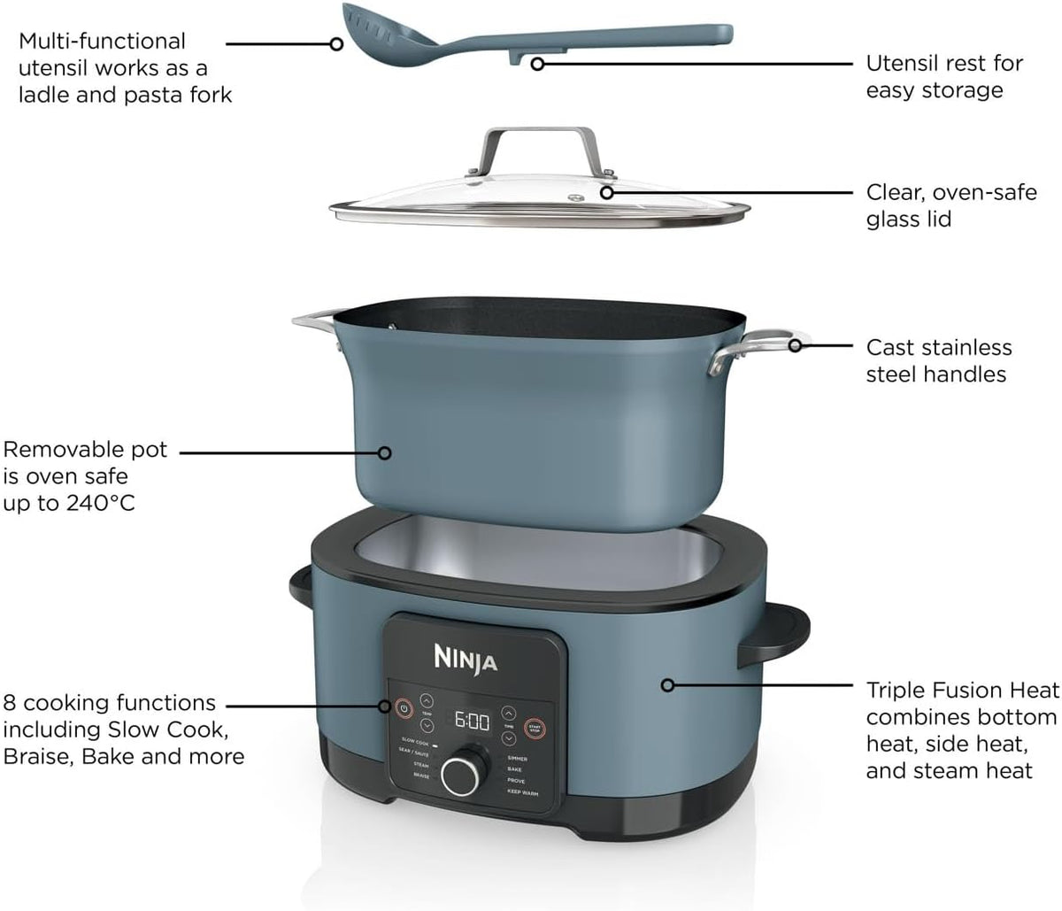 Ninja Foodi PossibleCooker, 8-in-1 8L Slow Cooker, Sea Salt Grey MC1001UK