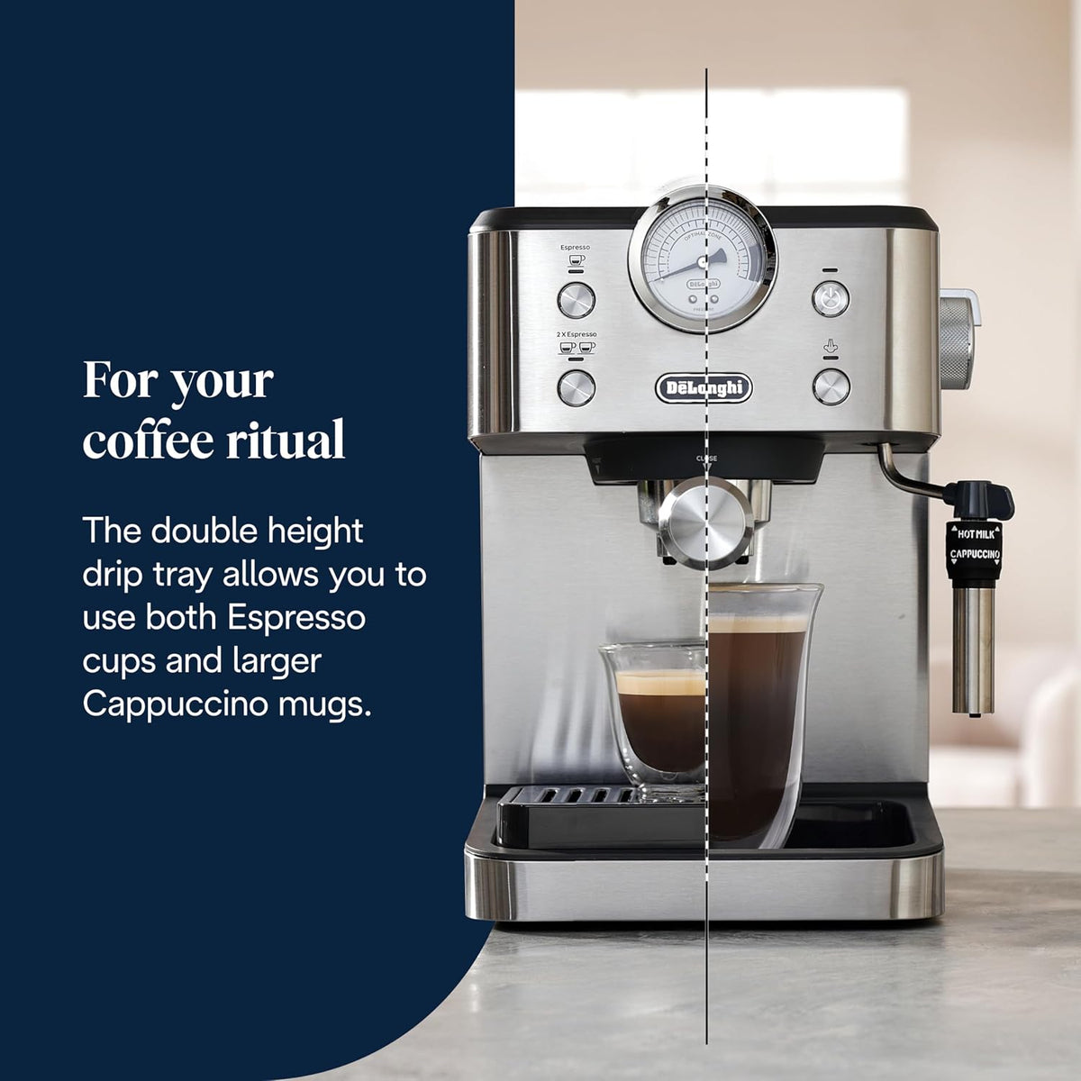 De'Longhi Classic EM450.M, Manual Coffee Machine with Steam Wand, Barista Pump Espresso Machine, Cappuccino Nozzle, Double Wall Filter Basket, 15bar, Fit Mug Up to 13cm, Stainless Steel/Metal