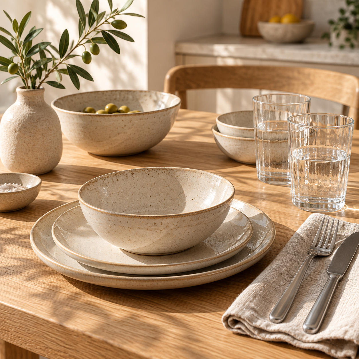 Ceramic tableware and linen set on a warm oak table