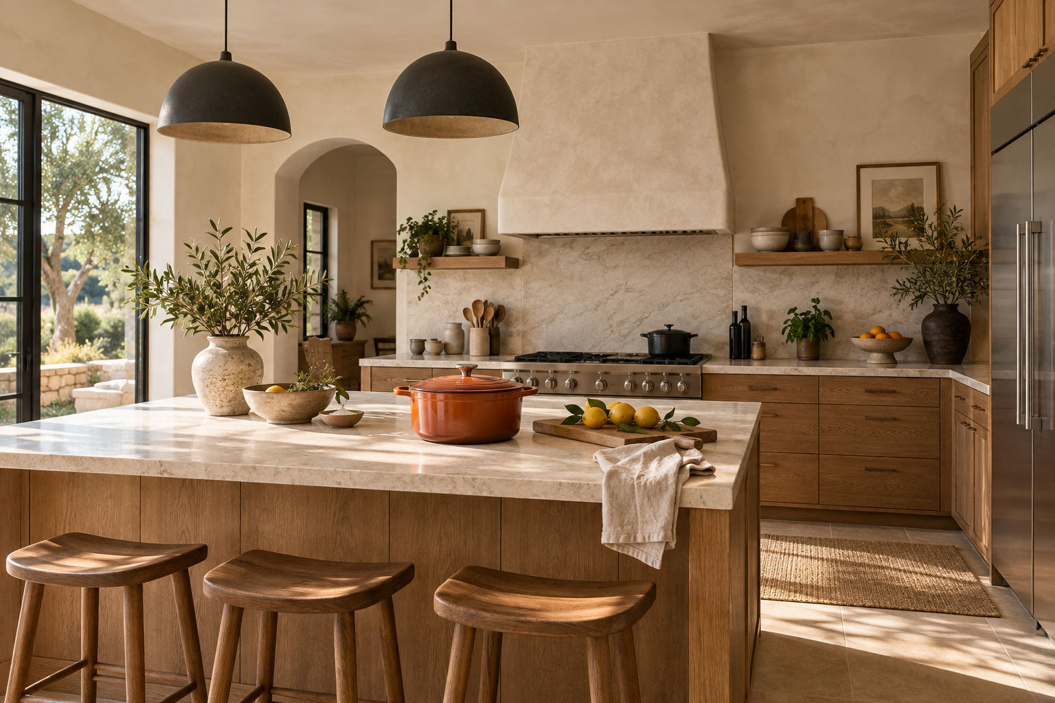 Warm oak kitchen with cookware, ceramic bowls and fresh lemons on the island